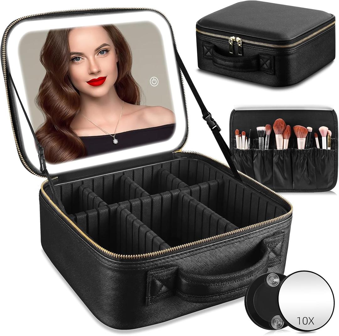 Travel Makeup Bag with Mirror of LED Lighted, Makeup Train Case with Adjustable Dividers, Makeup Case with Mirror and Detachable 10x Magnifying Mirror (Black)