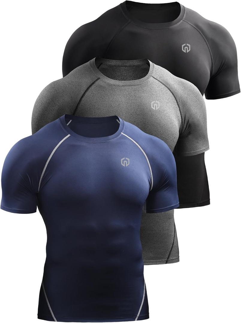 NELEUS Men's 3 or 4 Pack Workout Athletic Compression Shirts (Medium, 5022 Black/Grey/Navy Blue)
