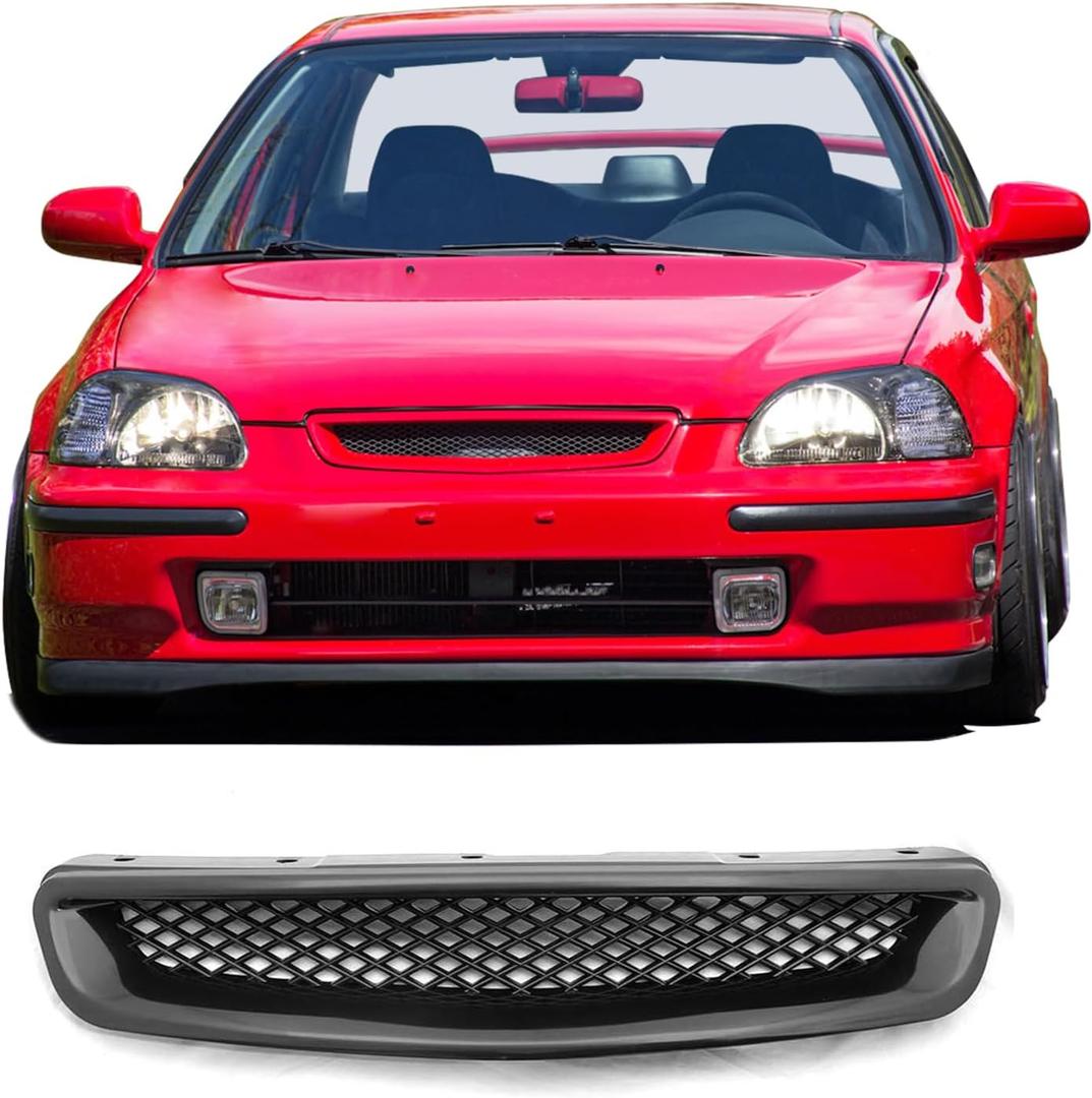 IKON MOTORSPORTS, Grille Compatible With 1996-1998 Civic Pre-Facelift Models, ABS Black Front Bumper Hood Grill Hood Guard by, 1997