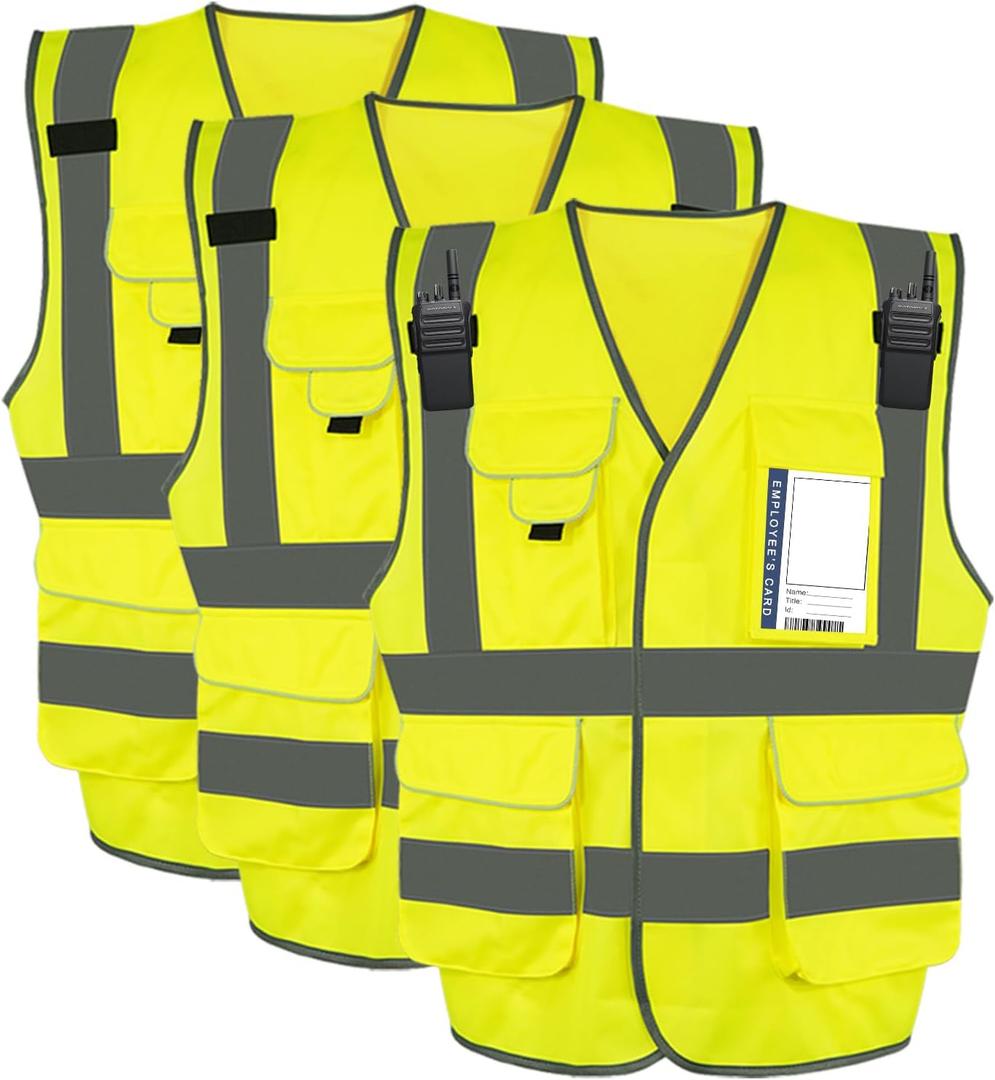 3 Pack Safety Reflective Vests 7 Pockets, 2 Shoulder Lanyards4 Colors (Yellow)