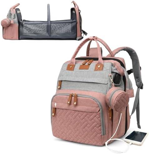 Astro alan Baby Diaper Bags with Changing Station, Waterproof Diaper Bag Backpack for Moms Dads with USB Charging Port, Baby Shower Gifts, Large Capacity diaper backpack, Grey Pink