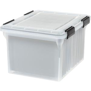 IRIS USA File Box WeatherPro File Organizer Plastic File Box for Letter/Legal File, Water Resistant Document Box, Durable Lid, Seal w/Secure Latching Buckles, Stackable, Nestable, Clear 32 Qt. 1 Pack