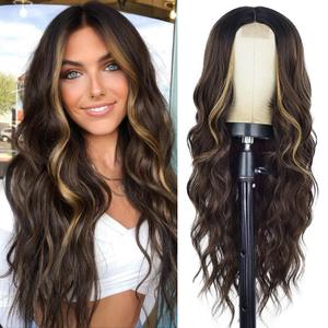 AISI QUEENS Long Brown Wavy Wig, Ombre Brown Highlights Synthetic Wigs for Women, Brown Mixed Blonde Middle Part Heat Resistant Hair Wigs for Daily Party Use