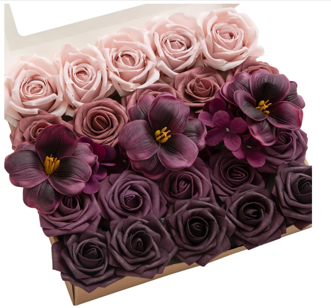 Ling's moment Artificial Flowers Fake Roses Faux Hydrangea Foam Tulip Combo for DIY Wedding Bouquets Centerpieces Arrangements Bridal Shower Party Home Decorations, Plum & Plum Lily, 27pcs