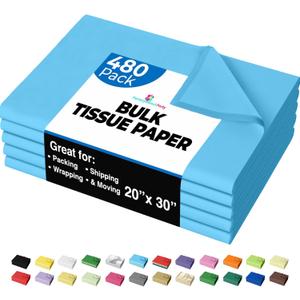 Party Solids Light Blue Tissue Paper for Gift Bags - 20" X 30" Bulk Tissue Paper Light Blue 480 Sheets - 10lb Newsprint for Packing, Birthday Gift Box Filler, Packing Supplies for Moving Supplies