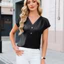Blooming Jelly Womens Satin Silk Tops Pleated Dressy Casual Blouse V Neck Business Outfit Short Sleeves Summer Top (Black,XL) (Black, XL)