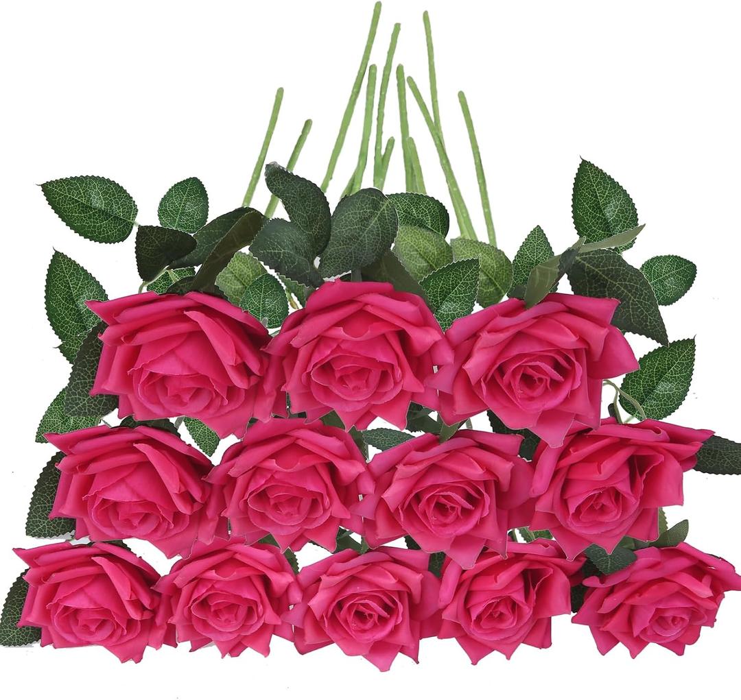 GREENTIME 12 Pack Fuchsia Fake Roses Artificial Flowers with Stems Silk Flower Bouquet for Valentine's Day Home Table Centerpiece Wedding Bridal Decor Baby Shower Engagement Party Decorations