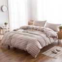 DONEUS 100% Washed Cotton Duvet Cover Set Super Soft Breathable Comfy Natural Linen Like Textured Bedding Set 3 Piece with Zipper Closure, Coffee Stripes Queen