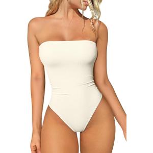 OQQ Womens Tube Bodysuits Strapless Basic Sleeveless Ruched Stretch Classic-Fit Tops Sexy Bodysuits (Medium, Beige)