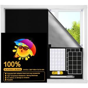 Blackout Window Cover, Upgraded Hook and Loop - Portable Shades No Residue and Longer Lasting, 100% Blackout Blinds for Window 79″ x 57″, Black Out Curtains for Bedroom and Baby Room 2m