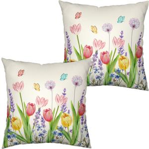 Set of 2 Tulip Floral Summer Throw Pillow Covers Purple Lavender Dandelion Decorative Pillow Case 22X22 Flowers and Butterflies Pillowcase for Indoor Outdoor Home Decor