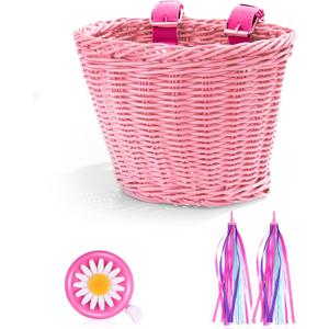 Hestya Kids Bike Basket Set for 12-14 Inch Bikes, Wicker Basket, Handlebar Bicycle for Girls Colorful Streamers Daisy Bell Decoration Girls Bike Accessories Gift for Girl Boy (Pink)