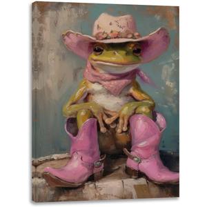 Vintage Funny Frog Art Trendy Cowgirl Poster Framed Canvas Wall Art Decor Retro Artwork Aesthetic Home Decor Framed Art Print for Living Room Office Bedroom Wall Art Decor Framed16x24inch (CUGUD-004)