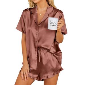 Ekouaer Womens Satin Pajamas Set Button Down 2 Piece Silk Pjs Shorts Set Ruffle Lingerie Notch Collar Sleepwear Brown XL