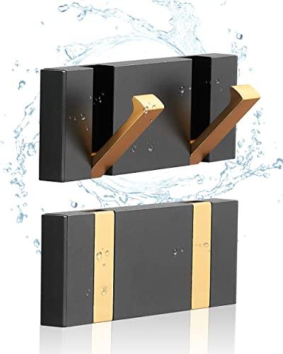 2 Pack，Waterproof Black Gold Wall Hooks，Foldable Towel Hooks for Bathrooms，Coat Hooks Wall Mounted，Free Perforated，Modern Coat Hooks，Bathroom Towel Hooks，Towel Door Hooks，Also for Balcony，Kitchen.