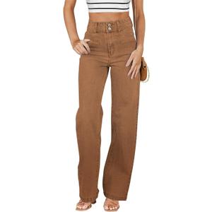 Sidefeel Women's Jeans High Waisted Straight Leg Stretchy Jeans Trendy Welt Pockets Loose Wide Leg Zimbaplatinum Denim Pants (12, Brown)
