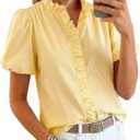 Womens Short Puff Sleeve Button Down Shirts Striped Gingham Ruffle Stand Collar Blouse Business Casual Preppy Tops (Large, Yellow White Stripe)