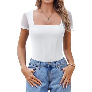 Avidlove Women's Short Sleeve Bodysuits Sexy Square Neck Body Suit Mesh Double Lined Tshirt Leotard Tops Going Out, XL