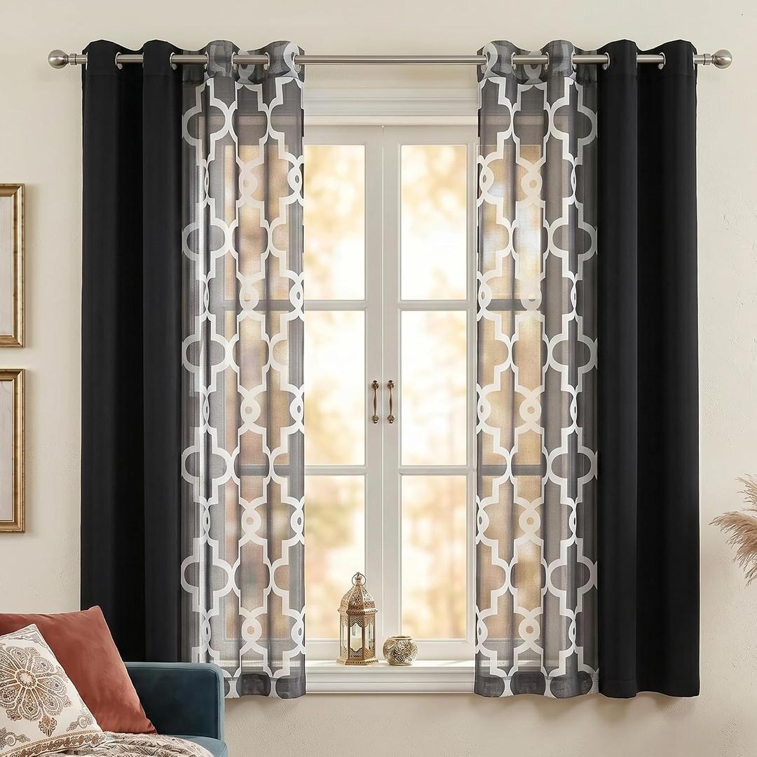 4-Piece Mix and Match Curtain Set, Black, 27" W x 63" L Each