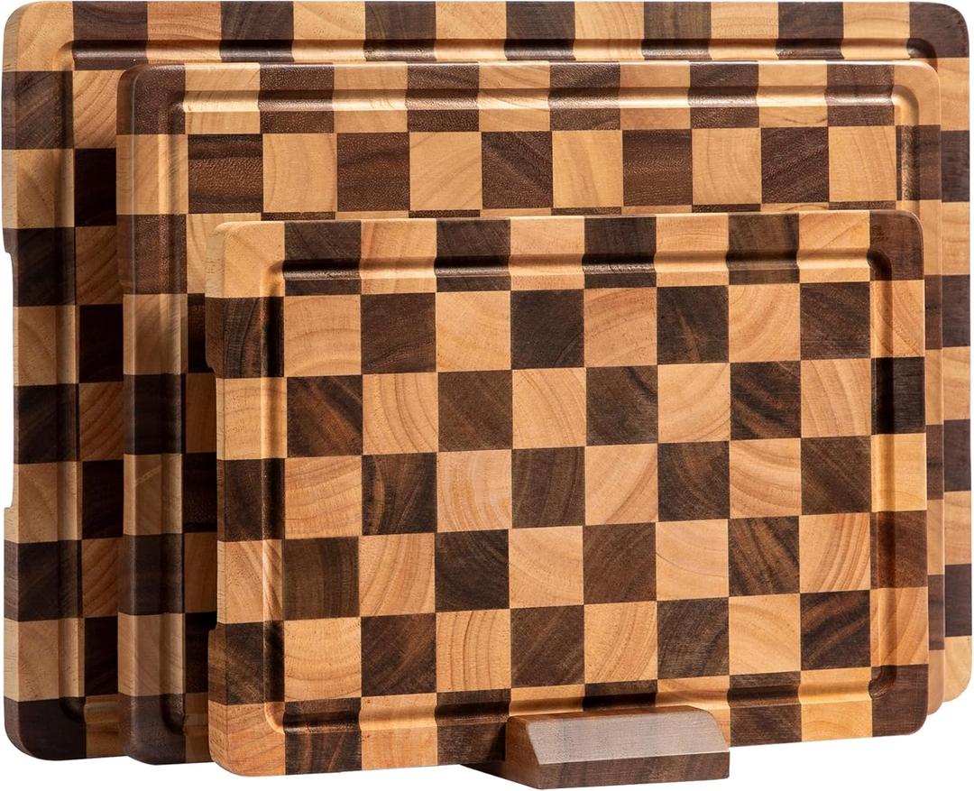 Cutting Board Set, Acacia Wood Checkered Cutting Boards for Kitchen, 3 pcs Chopping Board with Juice Grooves & Handles, Butcher Block Serving Tray for Meat, Vegetables and Fruits with Gift Box