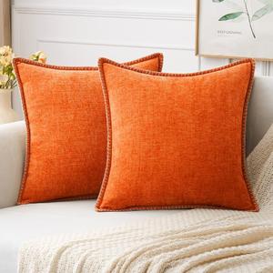 MIULEE Pack of 2 Couch Throw Pillow Covers 18x18 Inch Bright Orange Farmhouse Decorative Pillow Covers with Stitched Edge Soft Chenille Solid Dyed Fall Pillow Covers for Sofa Bed Living Room