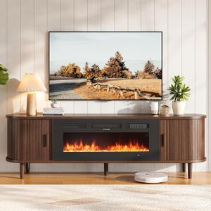 70" Mid Century Modern TV Stand with Fireplace, Fluted Fireplace TV Stand, Entertainment Center with Sliding Door, TV Console with Solid Wood Legs for Living Room, Walnut
