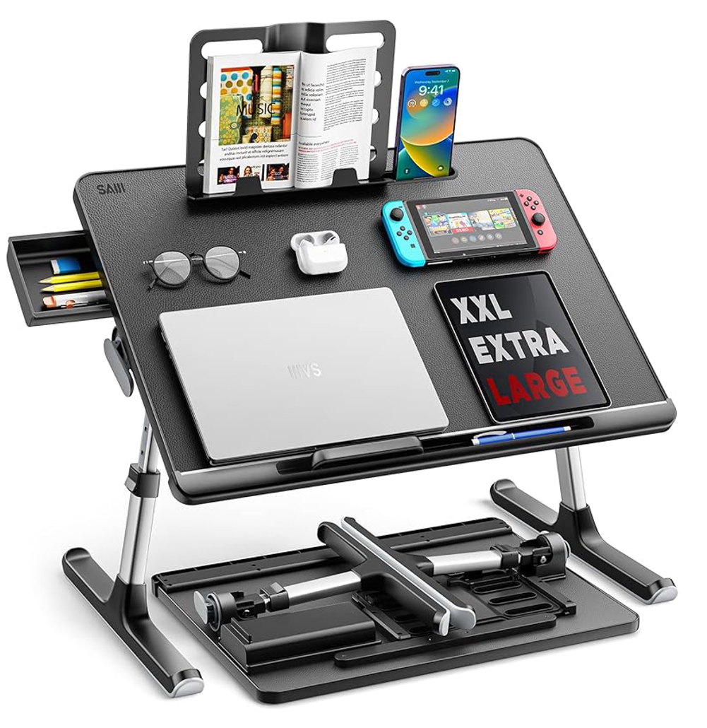 Laptop Bed Tray Table, SAIJI Adjustable Bed Desk for Laptop, Foldable Laptop Stand with Storage Drawer for Eating, Working, Writing, Gaming, Drawing (Black,X-Large)