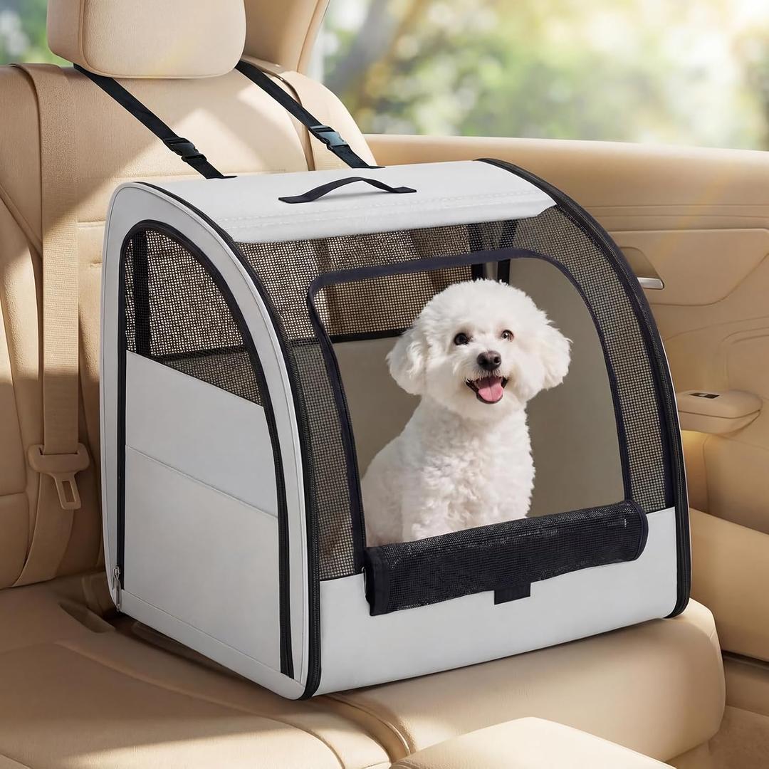 1 Pack Enclosed Dog Car Seat Carrier for Small Medium Dogs Cats 19.5 x 19 x 20 in Soft Sided Pet Travel Crate Kennel for Back Seat Breathable Mesh Windows, Foldable Kennel with Pad and Pocket