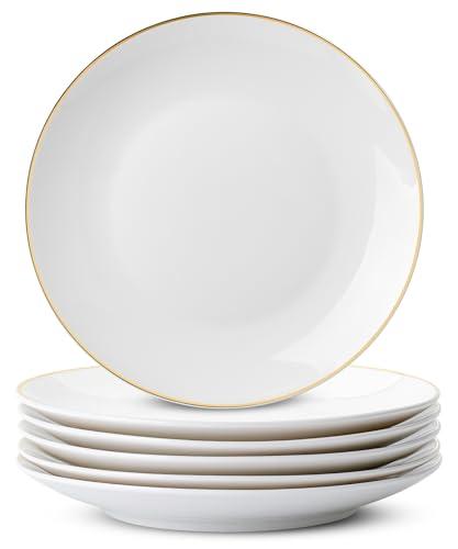 BTaT- White Dessert Plates with Gold Rim, Set of 6, 8" Round, Porcelain, Elegant Style, Dinner Plates