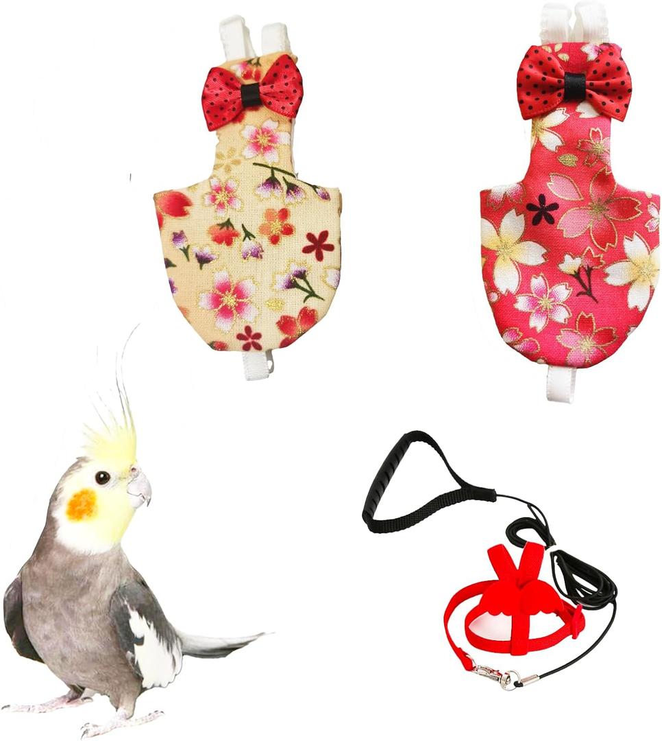 UKJENT Bird Diaper with 78 Inch Flying Leash - 2 Pack, Reusable Flight Suit with Waterproof Inner Layer, Washable Cute Urine Wet Suit for Cockatiel Monk Parakeet Sun Parakeet Lory(S)