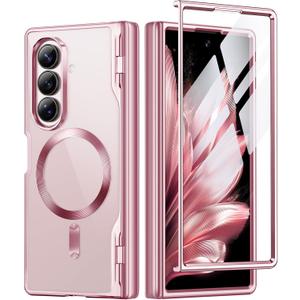 BERFY for Galaxy Z Fold 7 Case, Compatible with Magsafe, Built-in Screen Protector & Hinge Protection, Clear Plating Design Full-Body Slim Shockproof Protective Phone Case for Samsung Z Fold 7, Pink
