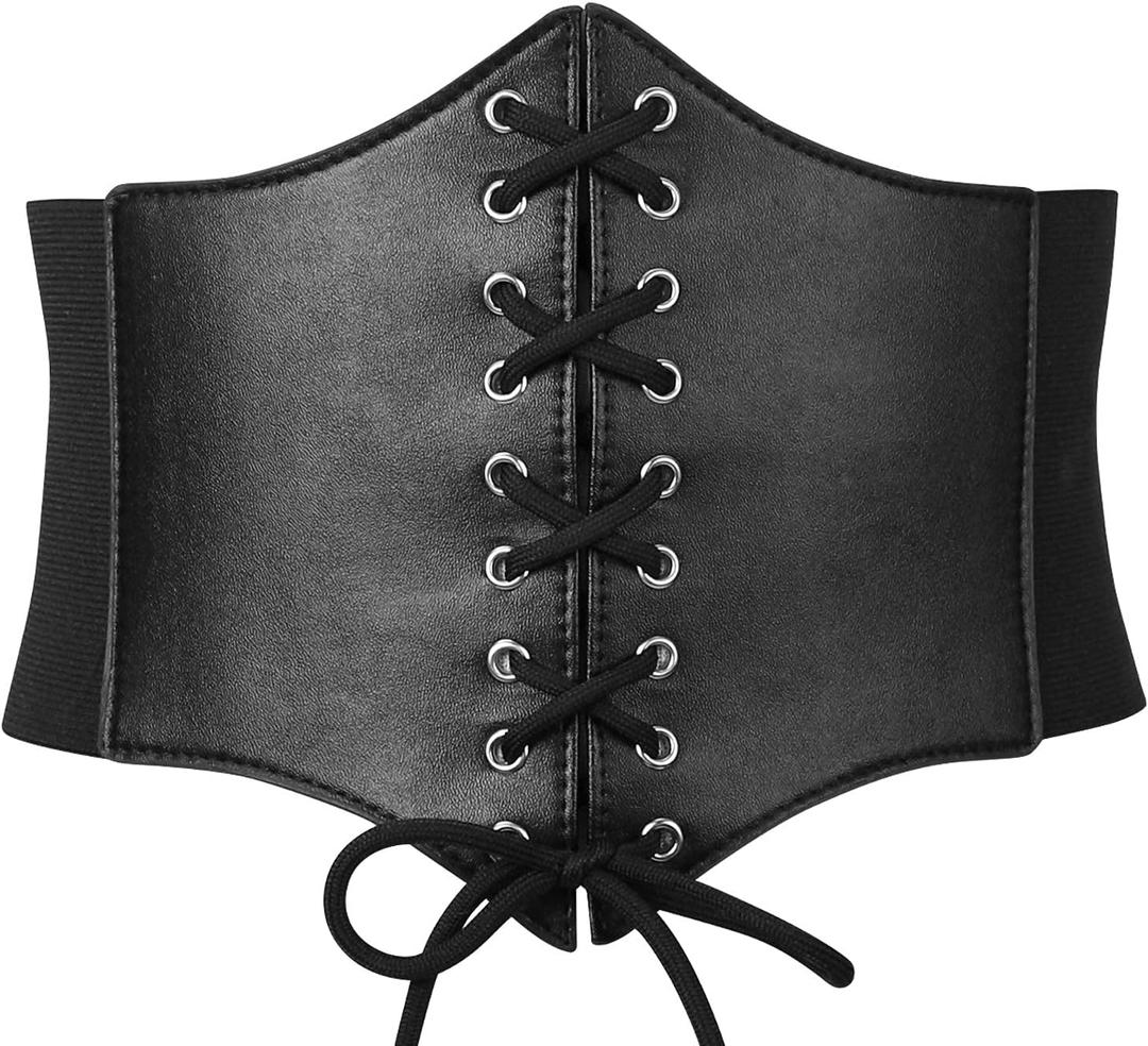 XZQTIVE Black Corset Waist Belt for Women, Wide Elastic Tie Waspie Belt for Dresses 4.7inch (Fit Waist 30-32in)