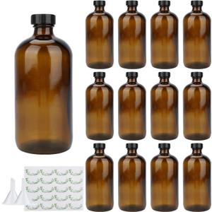 Maredash 16oz Glass Bottles, 12 Pack amber Glass Storage Bottles Sets with Lids,Amber Glass Bottle,Brown glass bottles