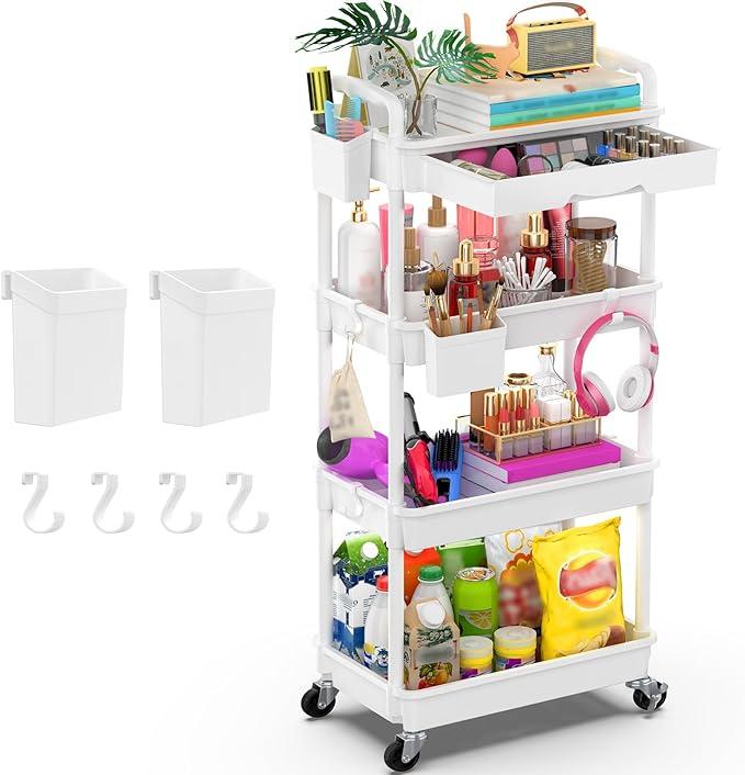 Goovilla 4 Tier Rolling Utility Cart Organizer with Removable Drawer, Stable and Sturdy Pink Rolling Storage Carts with 2 Lockable Wheels for Bathroom, Kitchen, Snack, Craft, Makeup, Baby Essentials