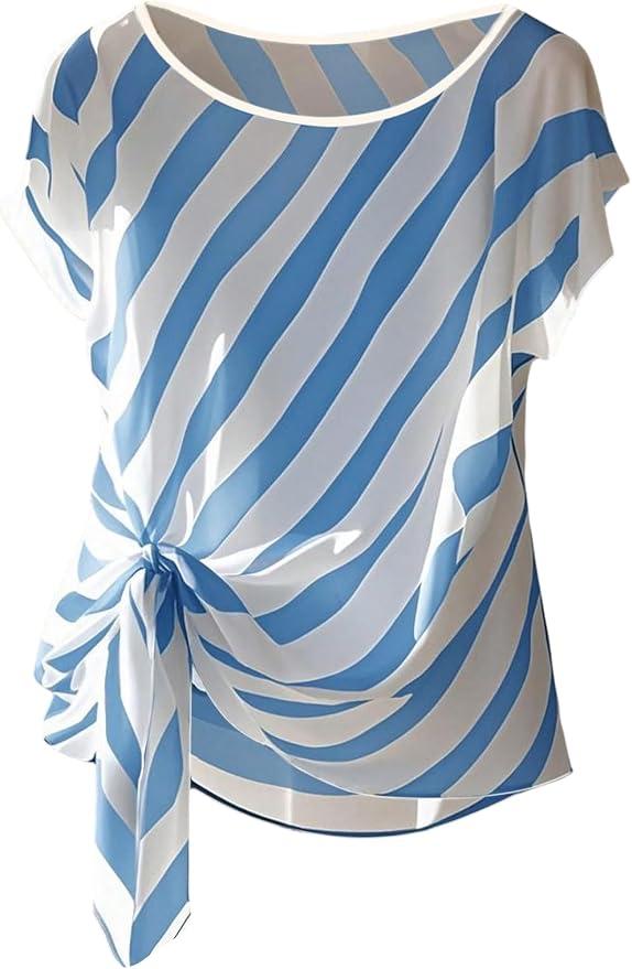 Floerns Women's Chiffon Blouses Tops Striped Mesh Bowknot Round Neck Shirts Short Dolman Sleeve Tie Side Work Blouse, M