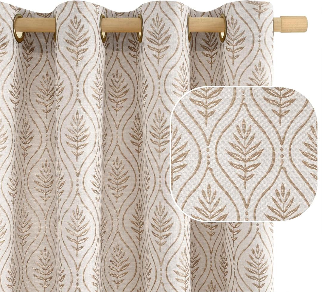 BGment Taupe Curtains 63 Inches Long for Bedroom Windows, Natural French Country Curtains Sheer Linen Grommet Window Drapes Boho Leaf Jacquard Patterned for Farmhouse, 2 Panels Set, 52 x 63 Inch