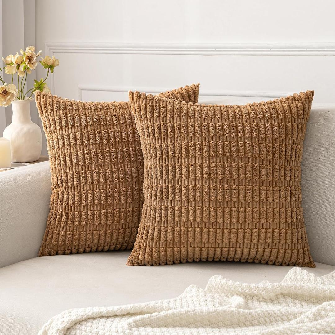 MIULEE Pack of 2 Corduroy Decorative Throw Pillow Covers 16x16 Inch Soft Boho Striped Pillow Covers Modern Farmhouse Home Decor for Sofa Living Room Couch Bed Brown