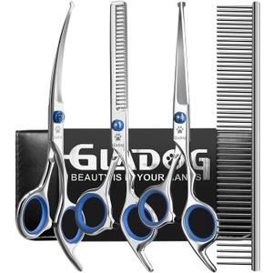 GLADOG Professional 5 in 1 Dog Grooming Scissors Set with Safety Round Tips, Sharp and Heavy-duty Pet Grooming Shears for Cats