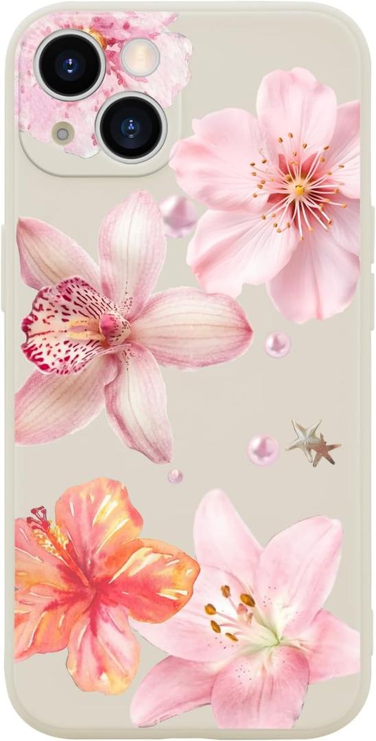 Pink Lily Flower Patterned Phone Case Cover for iPhone 15 PRO MAX Pink Lily Case Cover Liquid Silicone Soft Gel Rubber Matt Phone Cover with Microfiber Lining