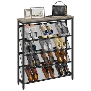 CHOEZON Shoe Rack, 5-Tier Slanted Shoe Storage Shelf, Narrow Shoe Rack for Entryway, Shoe Organizer with Adjustable Feet, Slim Shoe Shelf with Wooden Top and Metal Frame, Greige and Black TXJ02BG