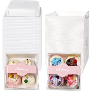 50 Pack Charcuterie Boxes with Clear Lids, 5.3x4.9x2.5 Inches Disposable To Go Food Containers with 50 PCS Stickers, Square Cookie Boxes for Slice Cake, Sandwich, Strawberries (White)