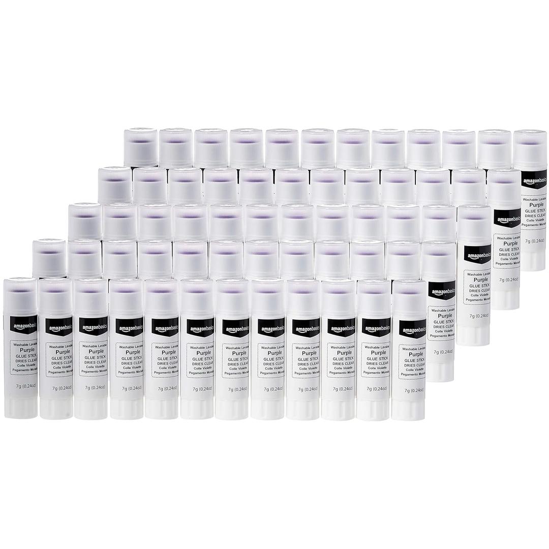 Amazon Basics Purple Washable School Glue Sticks for Classroom Supplies and Craft Projects, Dries Clear, 0.24-oz Stick, 60-Pack
