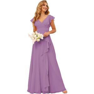 TIRAS Long Chiffon Bridesmaid Dresses with Slit V Neck Short Sleeve Ruffled Split Long Bridesmaid Dress with Pockets CM176 (Dusty Purple, M)