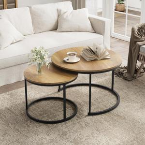 Smuxee Nesting Coffee Table Set of 2, 27.6" Round Coffee Table Wood Grain Top with Adjustable Non-Slip Feet, Industrial End Table Side Tables for Living Room Bedroom Balcony Yard (Brown)