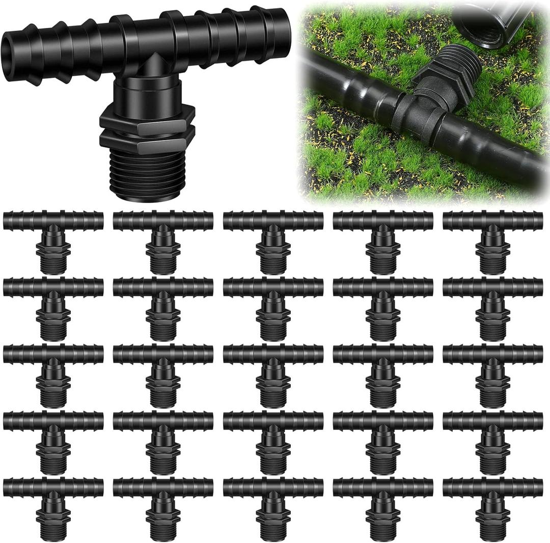 25 Pack 1/2" Inch Drip Irrigation Connectors MNPT Adapter Tee Hydroponics Barbed Connector Fitting Line Connectors for Drip Sprinkler Garden Systems