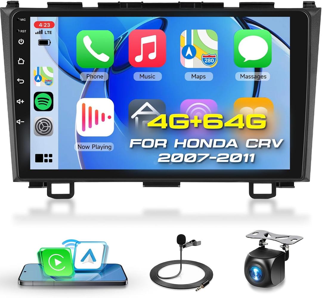 4G+64G Car Radio Stereo for Honda CRV 2007-2011, Wireless CarPlay Android Auto 9 Inch IPS Touch Screen Android 13 GPS Head Unit WiFi Bluetooth DSP Audio USB Dual Mic HD Rear Camera