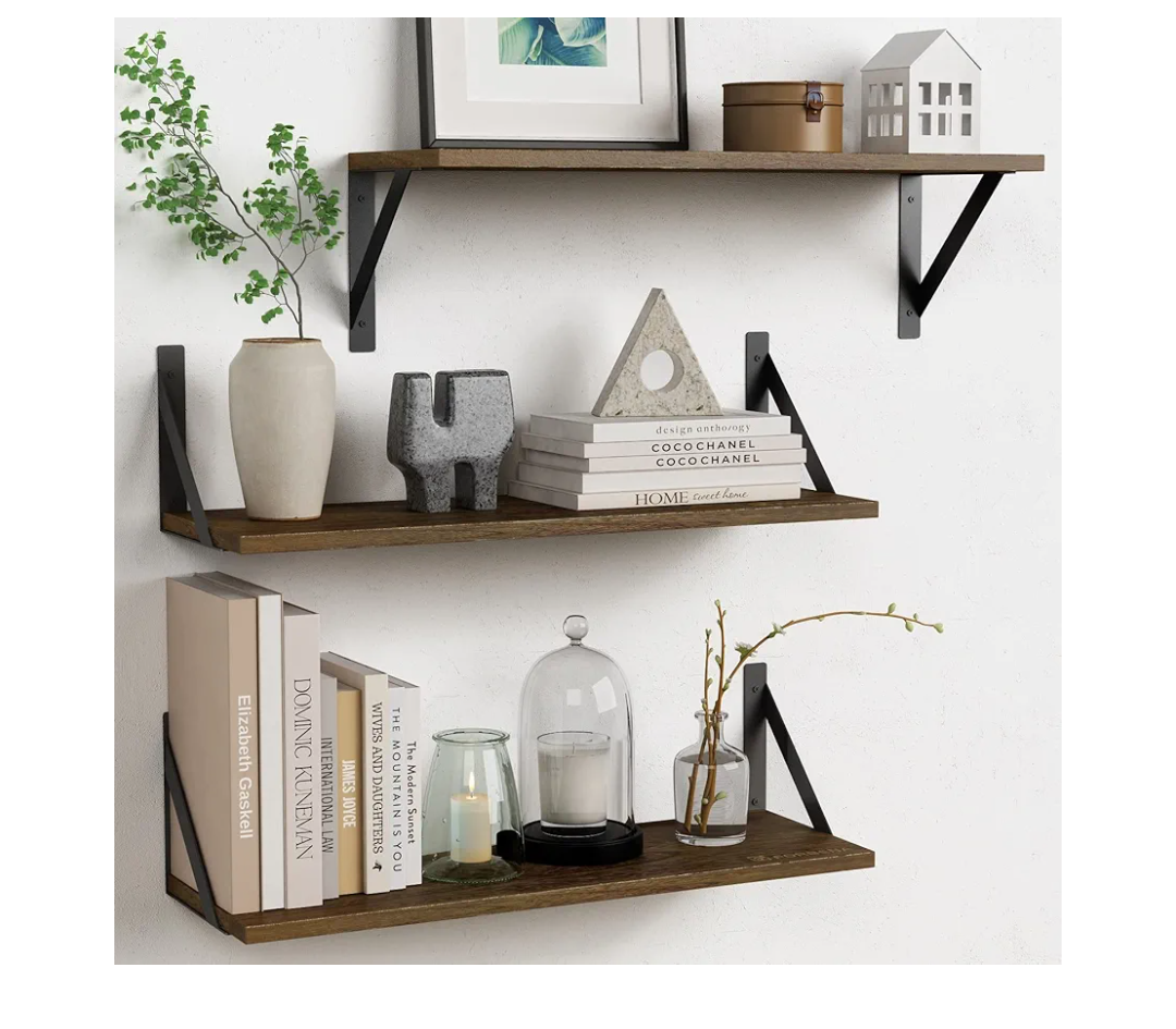 Forbena 24 Inch Long Floating Shelves for Wall Set of 3, Wooden Wall Bookshelf for Bedroom, Large Rustic Wood Hanging Book Shelves for Living Room Plants Kitchen Office Closet Storage (Dark Brown)