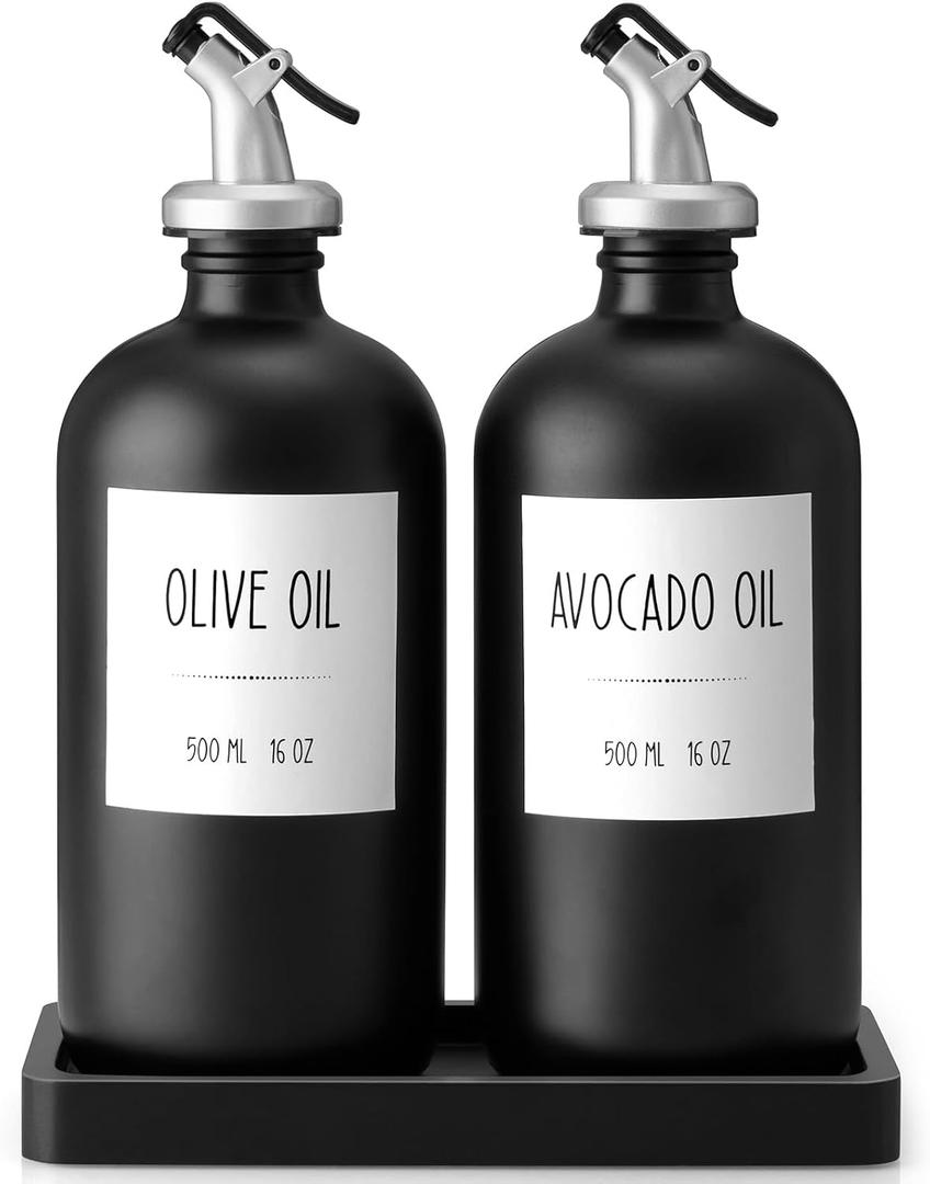 Olive Oil Dispenser Bottle for Kitchen, 16oz Glass Oil and Vinegar Cruet Set with Wood Tray & 54 Labels - Coffee Syrup Dispenser - Black Kitchen Decor and Accessories - Set of 2