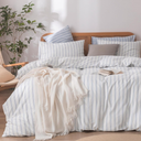 BESTOUCH Duvet Cover Set 100% Washed Cotton Linen Feel Super Soft Comfortable Chic Lightweight 3 PCs Home Bedding Set White & Cornflower Blue Stripes Queen 