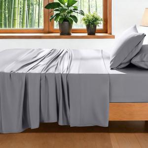 100% Viscose Derived from Bamboo_ Sheet Set - 4pcs, Extra Deep Pocket up to 18"-24", Cooling Sheets for Hot Sleepers, Breathable & Naturally Soft Bed Sheets(Queen,Grey)